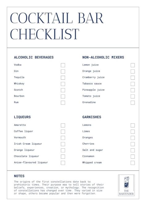 Bartender Sidework Checklist Template